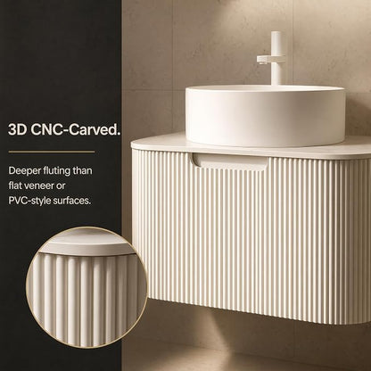 24 Inch Bathroom Vanity with Sink, Floating Wall Mounted Single Sink Vanity for Small Baths, White Curved Fluted Front, Stone Top, Pure White Round Vessel Basin, Pre-Assembled