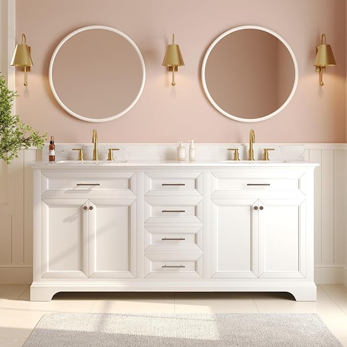 DeerValley 72'' Bathroom Vanity with Double Sink Top, Pre-Assembled Modern Wood Bathroom Cabinet Sink Combo with Backsplash, Soft Closing Doors, Multifunctional Storage Space Vanity (White)
