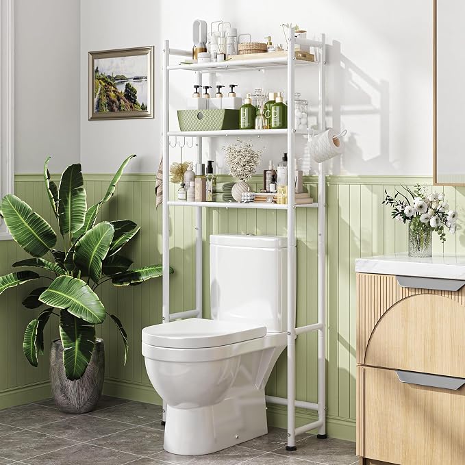 Simple Trending 3-Tier Over Toilet Storage Rack with Paper Holder & Hooks | Heavy Duty Metal Bathroom Organizer Shelf Over Toilet, Freestanding Space Saving Bathroom Cabinet for Laundry, White