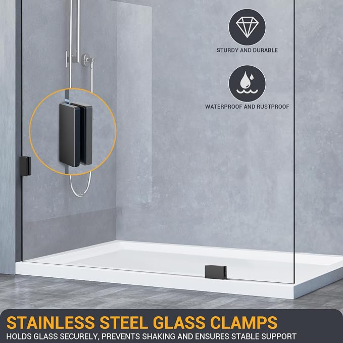 Bathroom Shower Glass Door 13.5" W×78.75" H, 3/8"(10mm) Thick Clear Tempered Glass Panel with Clamps, Fixed Frameless Waterproof Shower Door, Matte Black
