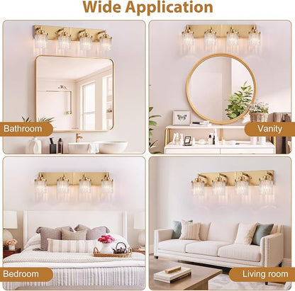 Modern 4-Light Gold Vanity Lights, Crystal Glass Bathroom Fixtures | Brushed Gold Finish, Rust-resistant Metal, Industrial Design, E26 Compatible, Over Mirror Wall Light for Bathroom Restroom
