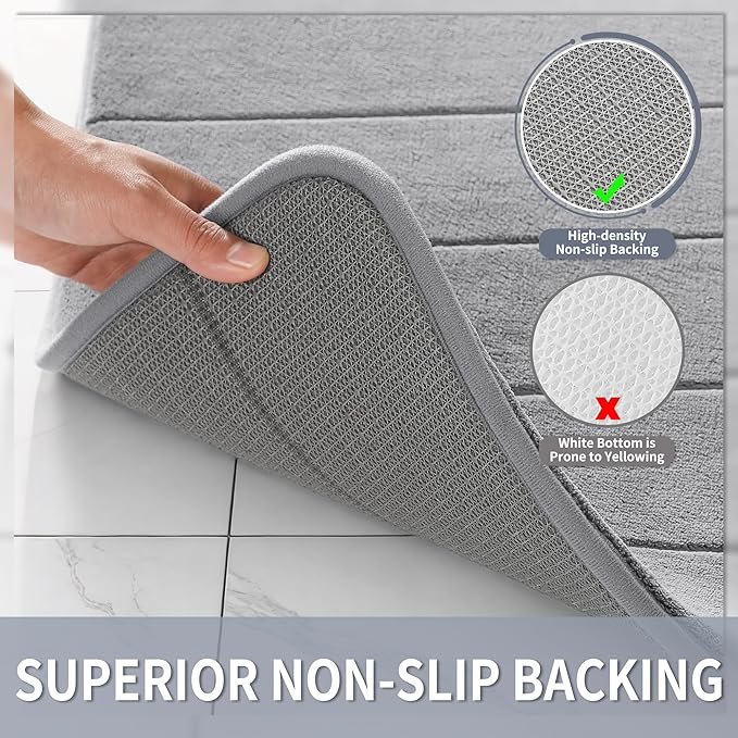 Yimobra Memory Foam Bath Mat 31.5x20, 5X Softer and Absorbent Bathroom Rug | Quick Dry Bath Rug, Non Slip Backing And Machine Washable Floor Carpet for Tub Shower, Home Decor Accessories, Grey