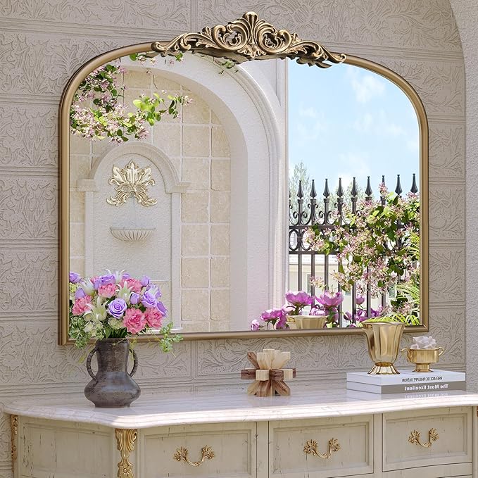 Vintage Gold Mirror, 32"x24" Antique Gold Bathroom Wall Mirrors | Large Ornate Arch Mirror, Mantel Mirror for Over Sink, Fireplace, Entryway,Bedroom, Living Room, Hanging or Leaning