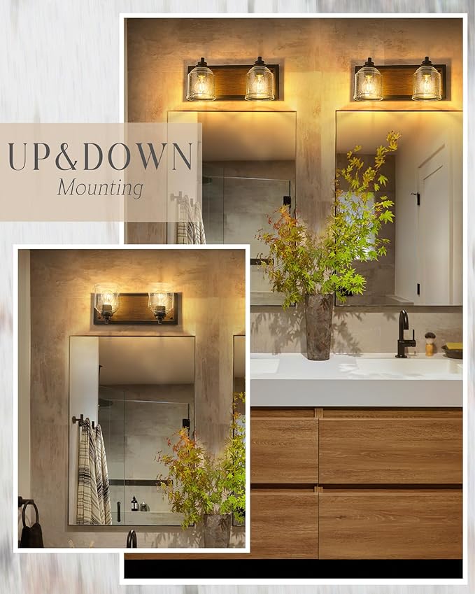 Vanity Lights for Bathroom Large 15.8", Farmhouse Rustic Vanity Light with Bubble Glass Shades, Brown 2 Light Bathroom Lighting Fixtures Over Mirror, Bath Wall Sconce Home Decor