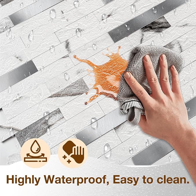 Peel and Stick Backsplash Tile Waterproof Removable PVC Wall Sticker 3D Faux Stone Marble Brick White Accent Panels (Rough White Marble - Metal Silver, 20 Tiles - 9 sq. ft. (0.84 M²))