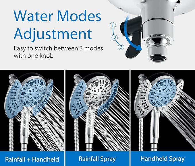 2 in 1 Shower Head with Handheld Combo High Pressure Silver 2.5 GPM | 7.2" Rain Showerhead and 9 Spray Hand Held Shower, Adjustable Shower Angle, 59-inch Rotatable Stainless Steel Hose
