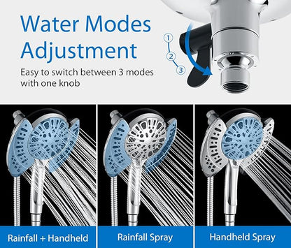 2 in 1 Shower Head with Handheld Combo High Pressure Silver 2.5 GPM | 7.2" Rain Showerhead and 9 Spray Hand Held Shower, Adjustable Shower Angle, 59-inch Rotatable Stainless Steel Hose