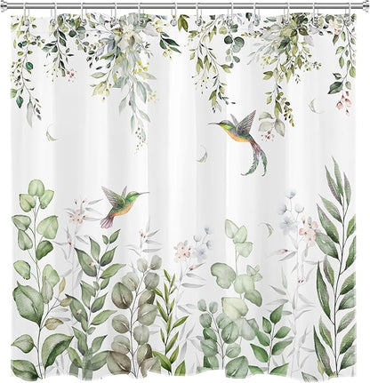 HVEST Sage Green Plant Shower Curtain and Bathroom Rugs, Eucalyptus Leaves with Floral and Hummingbird on White Shower Curtain with Bath Mat, 70X70 inches Green Botanical Shower Curtain Set