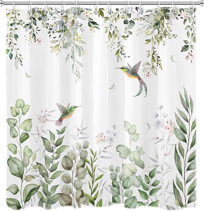 HVEST Sage Green Plant Shower Curtain for Bathroom, Eucalyptus Leaves with Floral and Hummingbird on White Shower Curtain with Hooks, Green Botanical Bathroom Curtains Shower Set, 72X78 inch