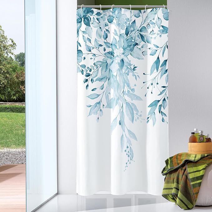 Spa Blue Eucalyptus Shower Curtain, Watercolor Floral Print, 36x72 | Watercolor Plant Leaves Floral Print, Waterproof Fabric Bathroom Decor, Machine Washable, Rustproof Grommets