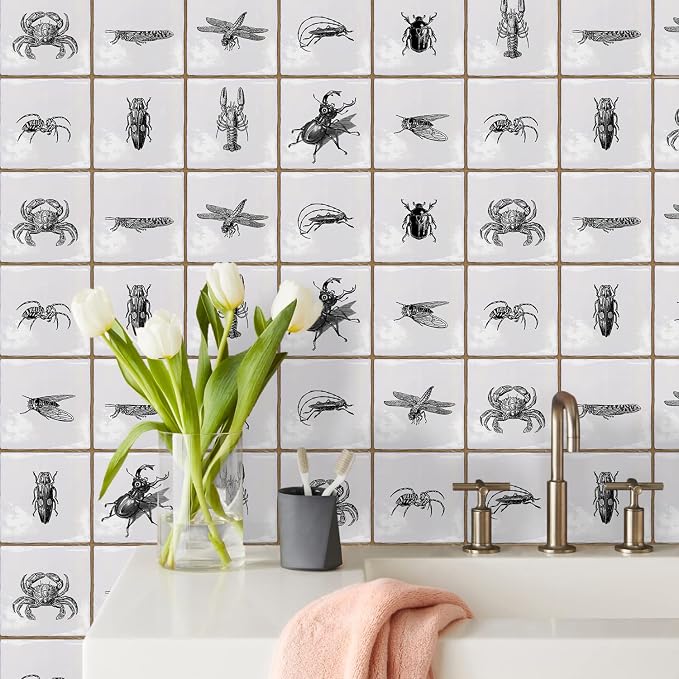 Alwayspon Vinyl Sticker Peel and Stick, Self-Adhesive Wall Tile Transfers Backsplash Sticker Decal for Kitchen Bathroom, 6x6inch/15x15cm 10Pcs, Insects T035