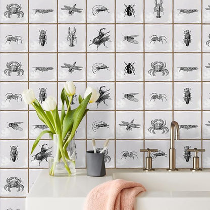 Alwayspon Vinyl Sticker Peel and Stick, Self-Adhesive Wall Tile Transfers Backsplash Sticker Decal for Kitchen Bathroom, 6x6inch/15x15cm 10Pcs, Insects T035