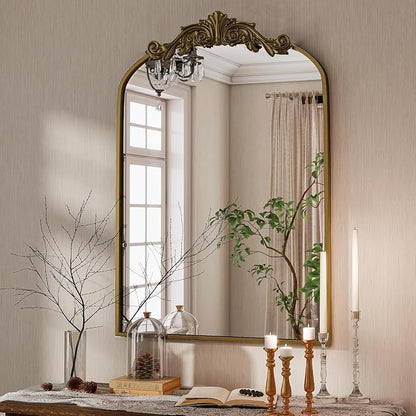 Dewfig Vintage Arched Wall Mirror, 36"x24" Antique Bronze Bathroom Mirror | Ornate Baroque Metal Frame Brass Mirror, Victorian Antique Bronze Mirrors for Living Room, Bathroom, Fireplace, Wall Decor