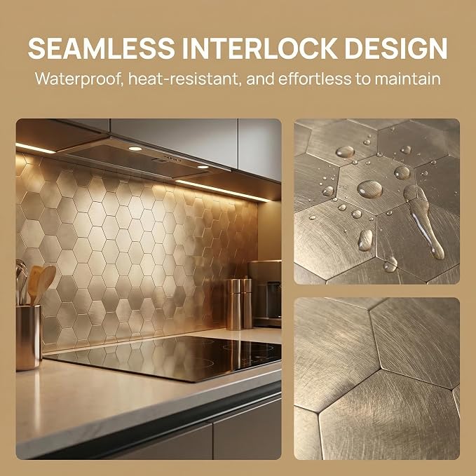 10pcs Peel & Stick Mosaic Wall Stickers - Waterproof/Anti-Skid/High Temp Resistant Decals, Multi-Purpose Removable Decoration for Kitchen Backsplash, Bathroom&Office (10, Copper)