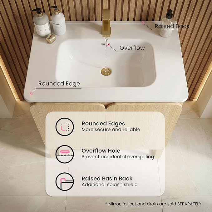 30" Bathroom Vanity Combo, Modern Bathroom Cabinet with Sink and 2 Soft-Closing Doors, Large Storage with Adjustable Shelf for Small Space, Light Wood - Dalia Collection