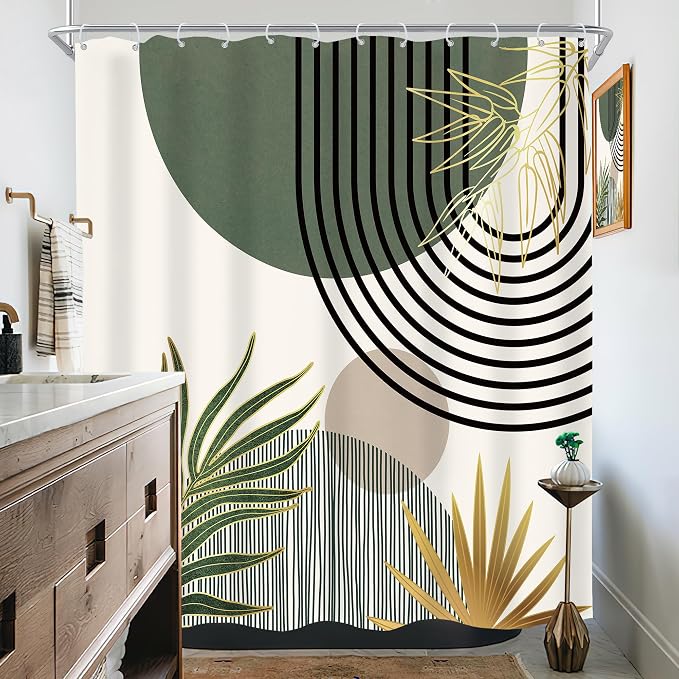 Mid Century Dark Green Boho Abstract Modern Bathroom Shower Curtain Set | 72Wx72L S Gold design, waterproof HD print with fast-drying fabric and 12 hooks.