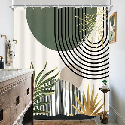 Mid Century Dark Green Boho Abstract Modern Bathroom Shower Curtain Set | 72Wx72L S Gold design, waterproof HD print with fast-drying fabric and 12 hooks.