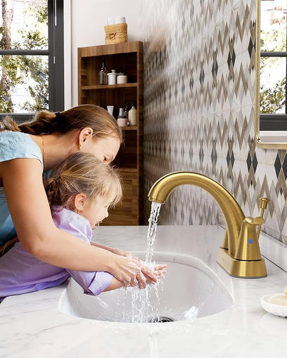 WOWOW 4 Inch Bathroom Sink Faucet - Brushed Gold Centerset Vanity Faucet with Lift Rod Drain Modern Mixer Tap for Rv Sink