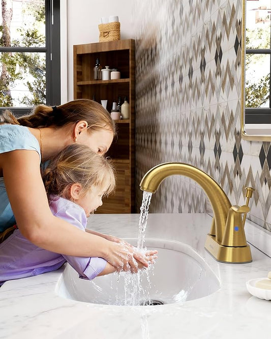 WOWOW 4 Inch Bathroom Sink Faucet - Brushed Gold Centerset Vanity Faucet with Lift Rod Drain Modern Mixer Tap for Rv Sink