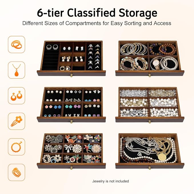 Extra Large Four-Leaf Carved 6 Layers Wooden Jewelry Box Jewelry Case Cabinet Armoire Ring Necklacel Gift Storage Box Organizer (Brown)