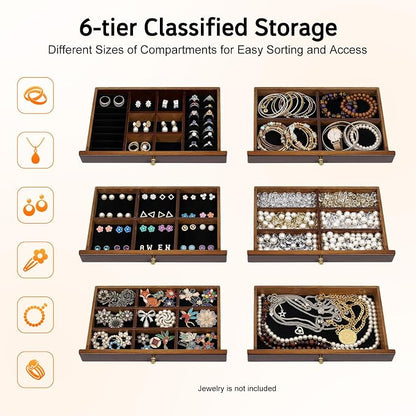 Extra Large Four-Leaf Carved 6 Layers Wooden Jewelry Box Jewelry Case Cabinet Armoire Ring Necklacel Gift Storage Box Organizer (Brown)