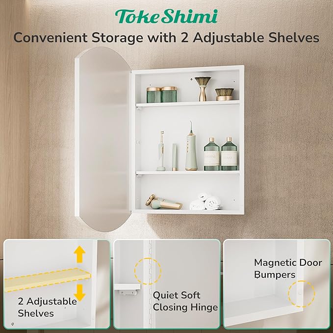 TokeShimi 16 x 26 Oval Bathroom Medicine Cabinet with Mirror Beveled, White Arched Medicine Cabinet with Mirrored, Recessed or in Wall Mirror with Storage Metal Modern