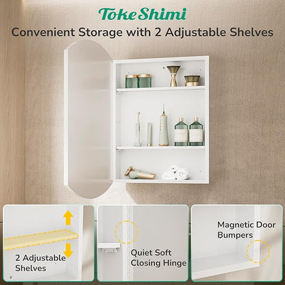 TokeShimi 16 x 26 Oval Bathroom Medicine Cabinet with Mirror Beveled, White Arched Medicine Cabinet with Mirrored, Recessed or in Wall Mirror with Storage Metal Modern