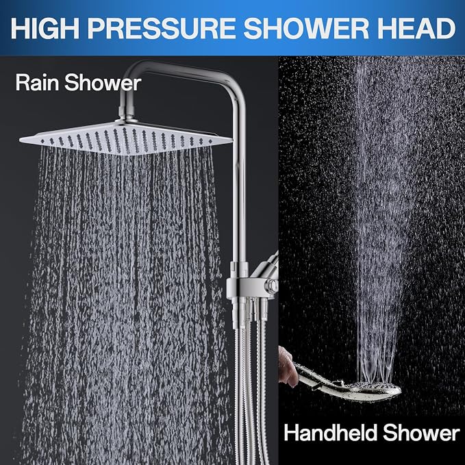 VXV 10 Inch Big Square Rain/Rainfall Shower Head with Adjustable Height, High Pressure 7 Modes Shower Head with Handheld Spray, Brushed Nickel Dual Shower Head Combo with 71" Hose, 360° Rotation (BN)