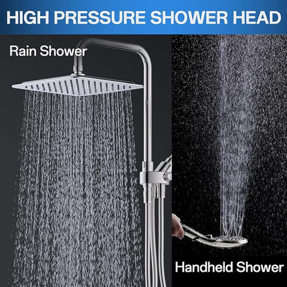 VXV 10 Inch Big Square Rain/Rainfall Shower Head with Adjustable Height, High Pressure 7 Modes Shower Head with Handheld Spray, Brushed Nickel Dual Shower Head Combo with 71" Hose, 360° Rotation (BN)