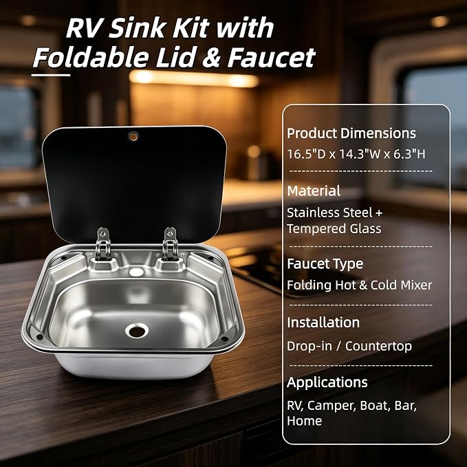 RV Sink Stainless Steel Hand Wash Basin with Folding Lid and Faucet | Tempered Glass Lid, Hot&Cold Faucet, Single Bowl Drop-In Basin Sink for RV Camper Caravan Boat Home, 16.5" x 14.3" x 6.3"