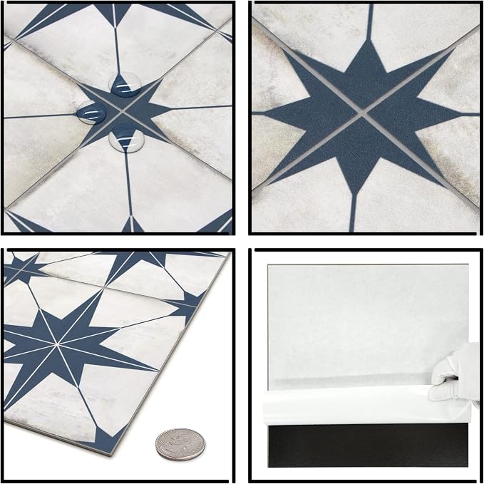 The Tiles Plaza Encaustic Peel and Stick Backsplash, Blue Star Patterned Vintage Stick on Tiles, Stone Composite Self-Adhesive Wall Tile Sticker for Kitchen Bathroom Fireplace Stairs, 10 Sheets