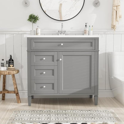 Merax 36 Inch Bathroom Vanity with Top Sink, Modern Bathroom Storage Cabinet with 2 Drawers and a Tip-Out Drawer, Solid Wood Frame Single Sink Bath Vanities, Gray