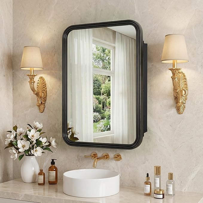 Casaphoria 36" H x 24" W Bathroom Medicine Cabinet with Mirror, Metal Frame Wall Medicine Cabinets Mirrors, Wall Mirror Cabinets, Black