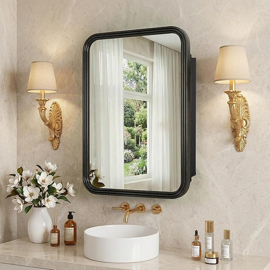 Casaphoria 36" H x 24" W Bathroom Medicine Cabinet with Mirror, Metal Frame Wall Medicine Cabinets Mirrors, Wall Mirror Cabinets, Black