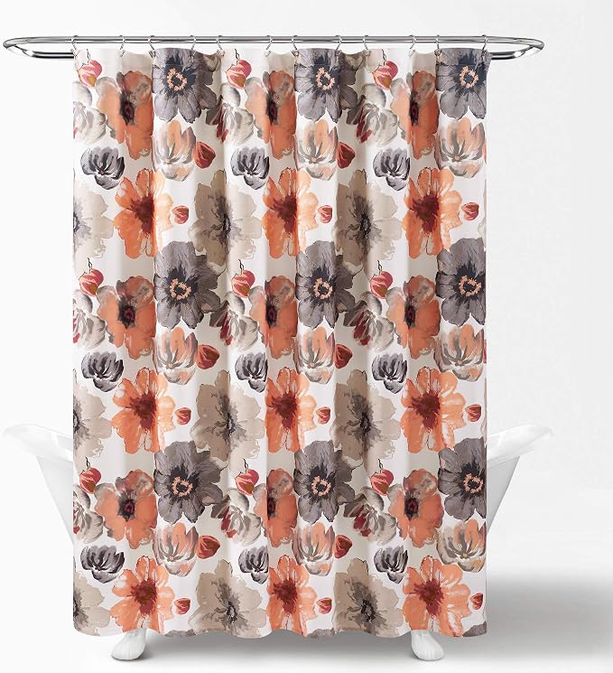 Lush Decor Leah Floral Shower Curtain, 72" W x 72" L, Coral & Gray - Fabric Shower Curtains - Watercolor Botanical Bathroom Curtain - Farmhouse & French Country Decor
