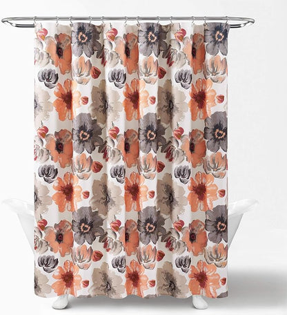 Lush Decor Leah Floral Shower Curtain, 72" W x 72" L, Coral & Gray - Fabric Shower Curtains - Watercolor Botanical Bathroom Curtain - Farmhouse & French Country Decor