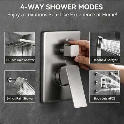 Shower System Brushed Nickel Dual Shower Head with Body Jets, Oupukle Four Modes Shower Faucet Set Wall Mounted 12" & 6" Rain Shower Head with 6PCS Body Jets