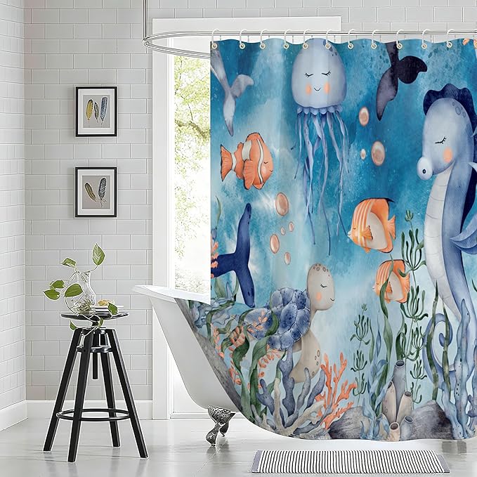 120GSM Beach Theme Waterproof Shower Curtain Set with 12PCS Hooks, Minimalist Watercolor Bathroom Décor,Bathroom Shower Curtains For Sea Turtle Washable Fabric Shower Curtain, 72 x 72 Inch (SeaWorld)