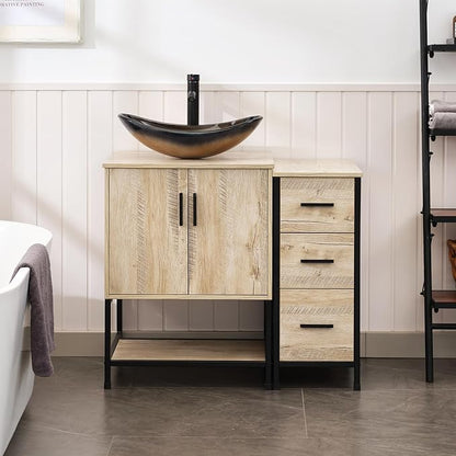UEV 36" Rustic Oak Bathroom Vanity with Sink Combo,Industrial Iron Frame Bathroom Cabinet Sets with 3 Drawers Side Cabinet,Modern Champagne Boat Tempered Glass Vessel Sink(029CH