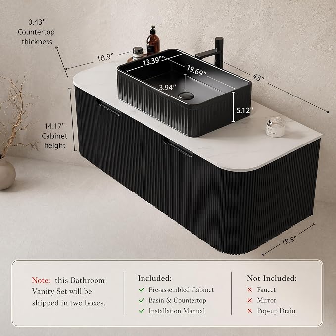 48 Inch Bathroom Vanity with Sink, Floating Wall Mounted Single Sink Vanity, Black Curved Fluted Front, Stone Top, Black Textured Rectangular Vessel Basin, Pre-Assembled