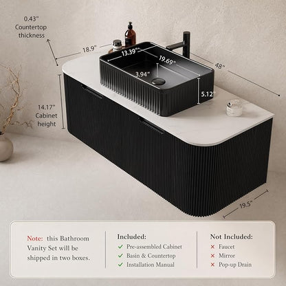 48 Inch Bathroom Vanity with Sink, Floating Wall Mounted Single Sink Vanity, Black Curved Fluted Front, Stone Top, Black Textured Rectangular Vessel Basin, Pre-Assembled
