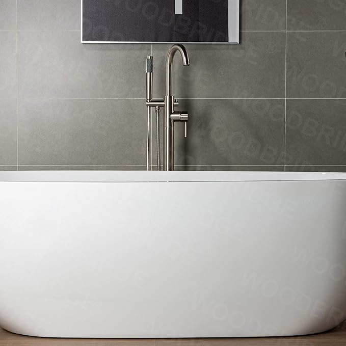 Woodbridge F0001BNRD Contemporary Single Handle Floor Mount Freestanding Tub Filler Faucet with Hand Shower in Brushed Nickel Finish