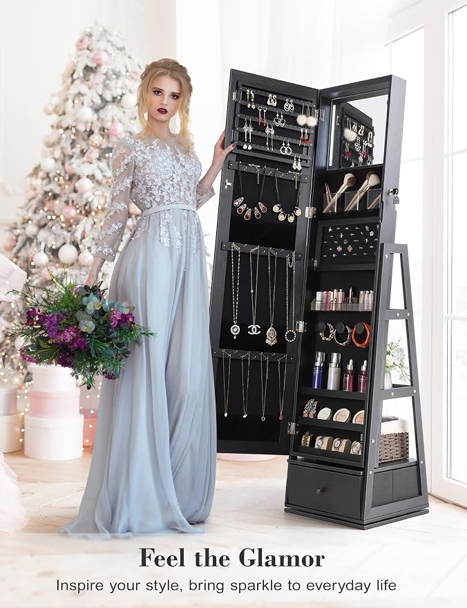 Nicetree 360° Swivel Jewelry Cabinet with Lights, Full Length Mirror, Black | Standing Mirror Jewelry Cabinet, Lockable Mirror with Storage, Lighted Interior Mirror, Rear Shelves, Flip-over Shelf