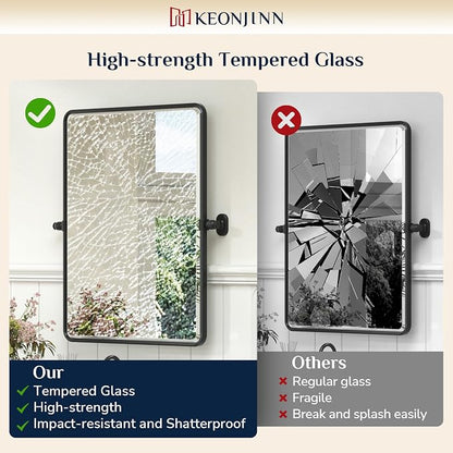 Keonjinn 24x30 Inch Black Povit Mirror for Bathroom, Tilt Mirror | Tenmpered Glass, Rectangle, Adjustable Bathroom Mirrors for Over Sink, Farmhouse, Metal Framed, Horizontal/Vertical