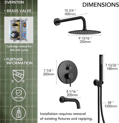 10" High-Pressure Rainfall Shower System with Handheld Spray, Wall Mount Bathroom Shower Faucet Set with Tub Spout (Matte Black)
