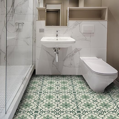 Green Vintage Floral Peel and Stick Floor Tiles 12x12 Inch 10PCS | Green and cream vintage floral scroll pattern vinyl floor stickers for kitchen bathroom entryway and indoor home decor