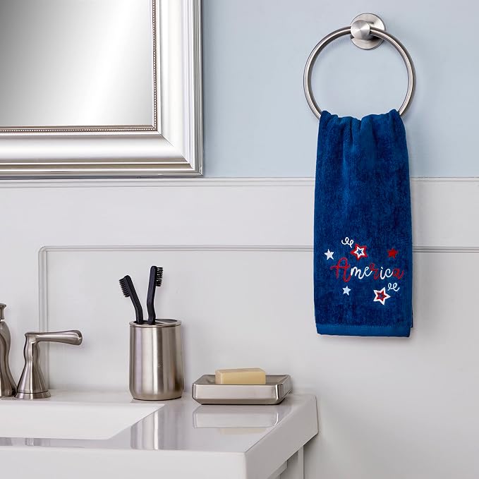 SKL Home Americana Script Hand Towel Set-2pc, Embroidered, Navy | 100% Cotton. Fun for Memorial Day, 4th of July, Labor Day & all patriotic holidays. For use in the bathroom, kitchen or bar.