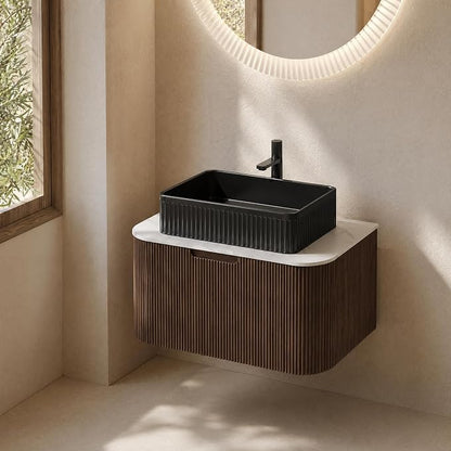 30 Inch Bathroom Vanity with Sink, Floating Wall Mounted Single Sink Vanity, Dark Walnut Curved Fluted Front, Stone Top, Black Textured Rectangular Vessel Basin, Pre-Assembled