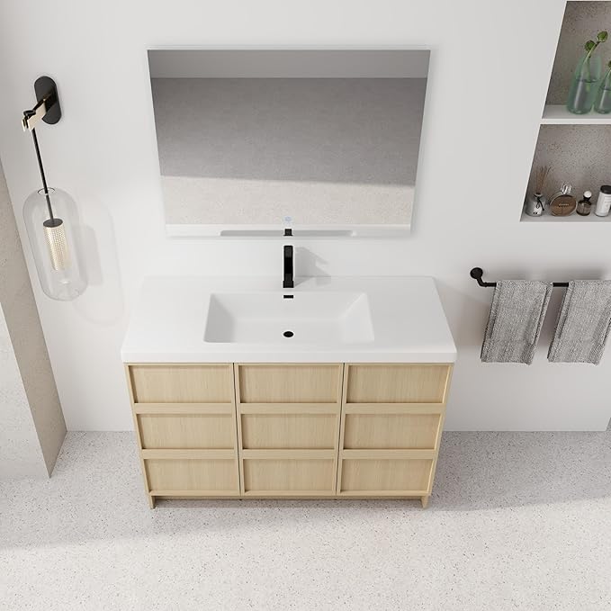 48-Inch Bathroom Vanity with Sink Mid-Century Bathroom Vanities with Top Basin Floor Wood Bathroom Sink Cabinet with Soft-Close Doors & Adjustable Storage Shelves (Oak)
