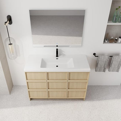 48-Inch Bathroom Vanity with Sink Mid-Century Bathroom Vanities with Top Basin Floor Wood Bathroom Sink Cabinet with Soft-Close Doors & Adjustable Storage Shelves (Oak)